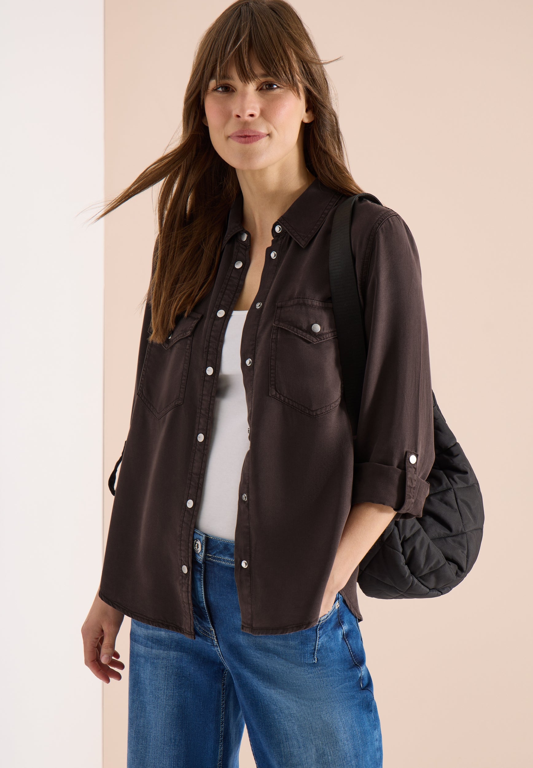 Bluse mit Hemdkragen und Turn-Up macchiato brown Bild 6
