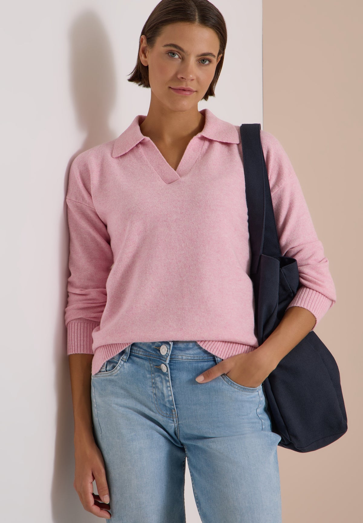 Langarm Pullover mit Polokragen mellow rose melange Bild 5