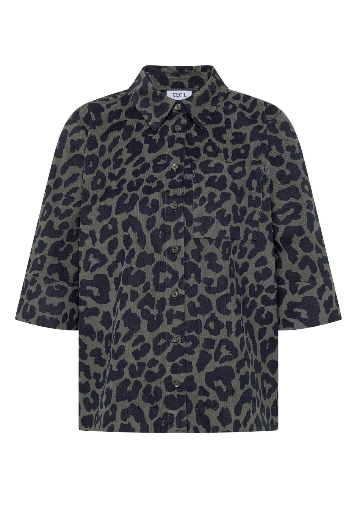 Kurzarm Hemdbluse aus Cord mit Leo-Muster dried olive green Bild 1