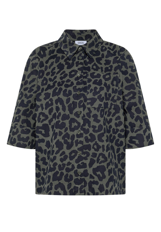 Kurzarm Hemdbluse aus Cord mit Leo-Muster dried olive green Bild 1