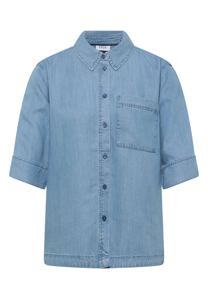 Kurzarm Hemdbluse im Denim-Look light blue wash Bild 1