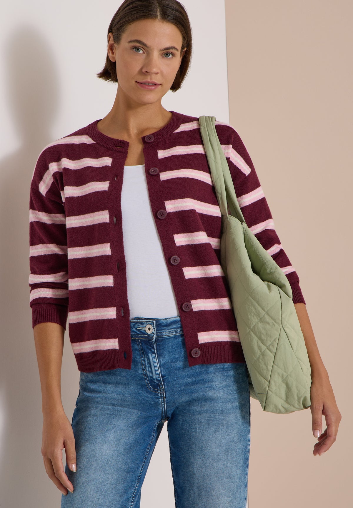 Cardigan mit Rundhals und Streifen red wine Bild 3