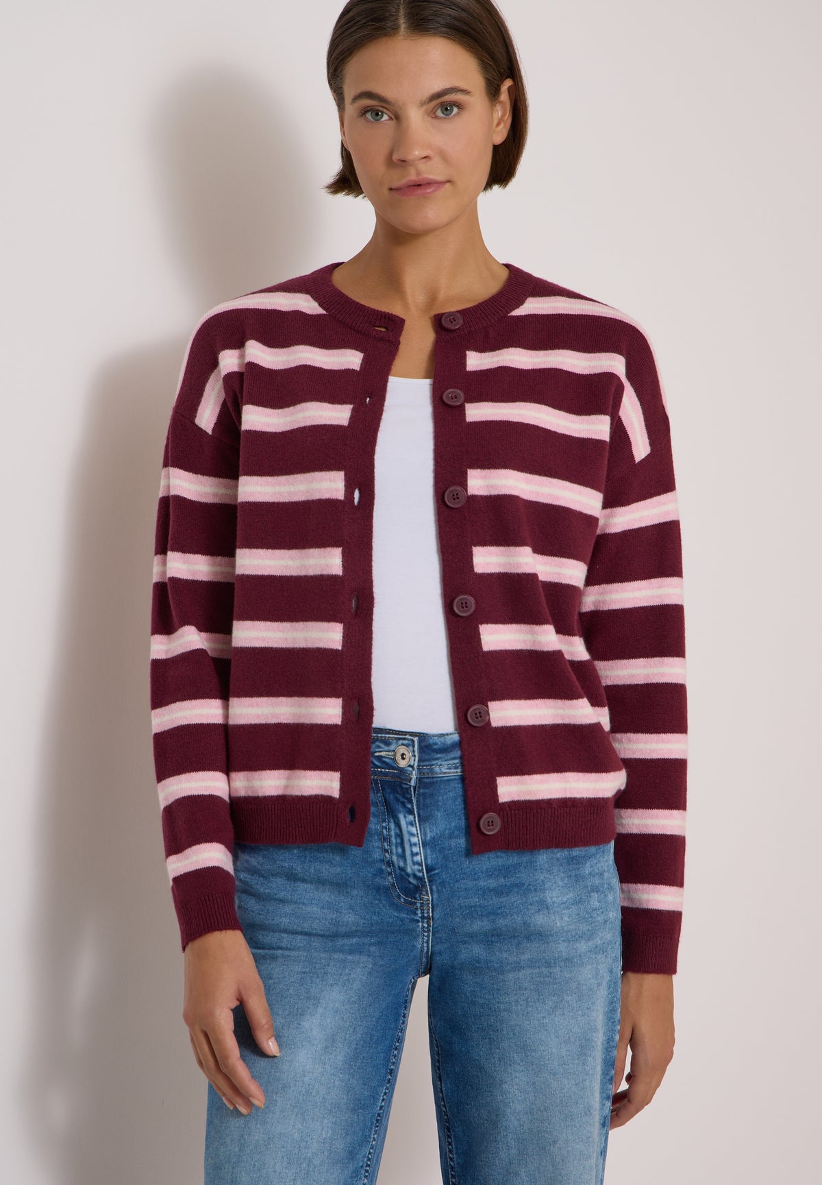 Cardigan mit Rundhals und Streifen red wine Bild 7