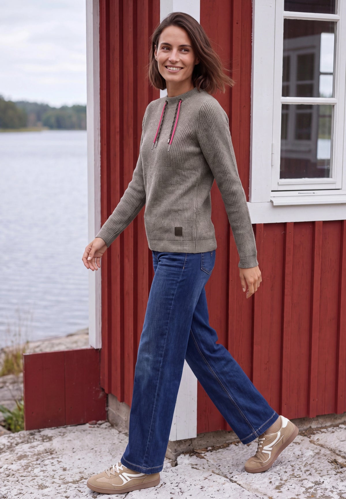 Shirt in Rippstruktur mit Funnel Neck truffle brown melange Bild 3
