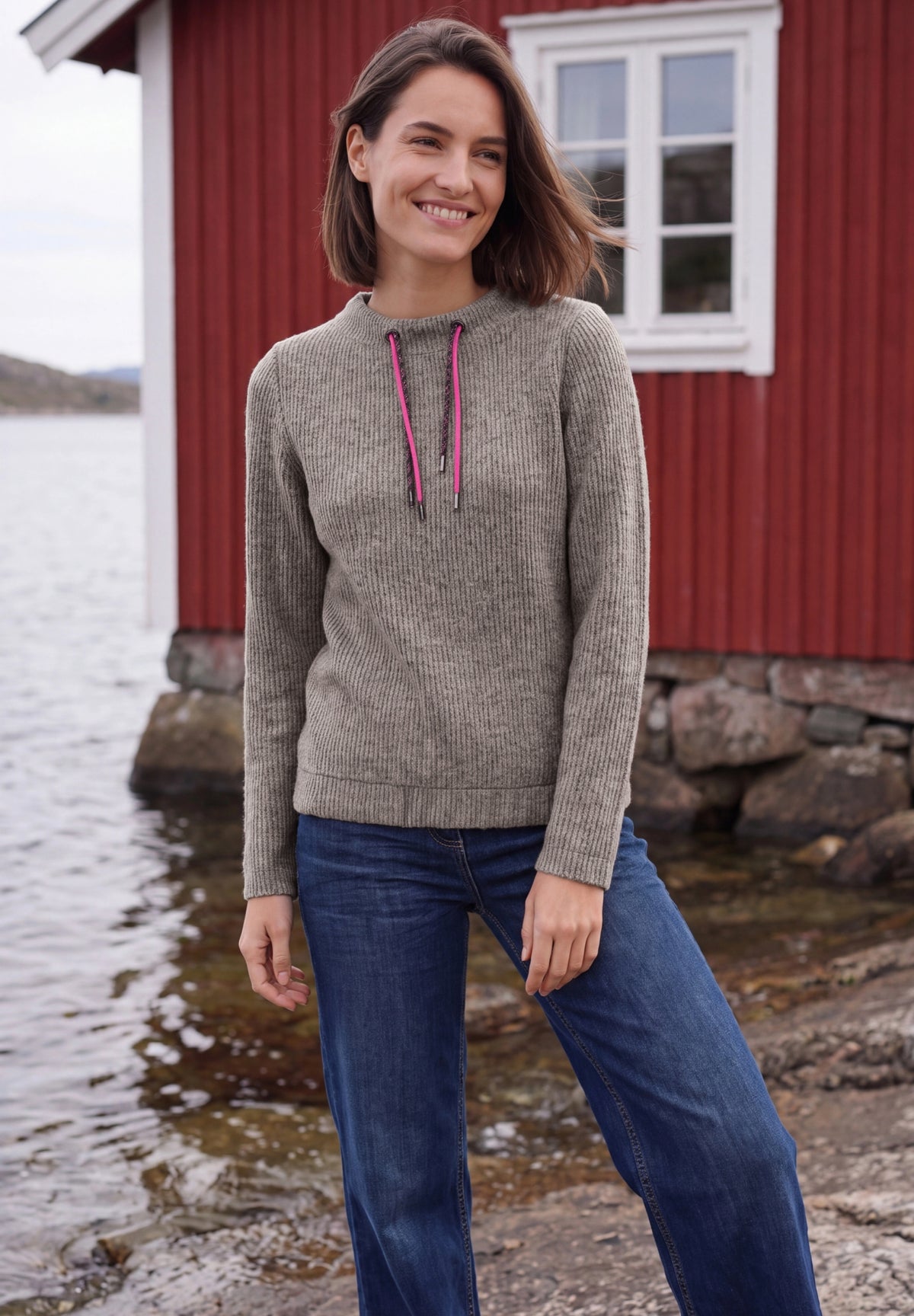 Shirt in Rippstruktur mit Funnel Neck truffle brown melange Bild 5