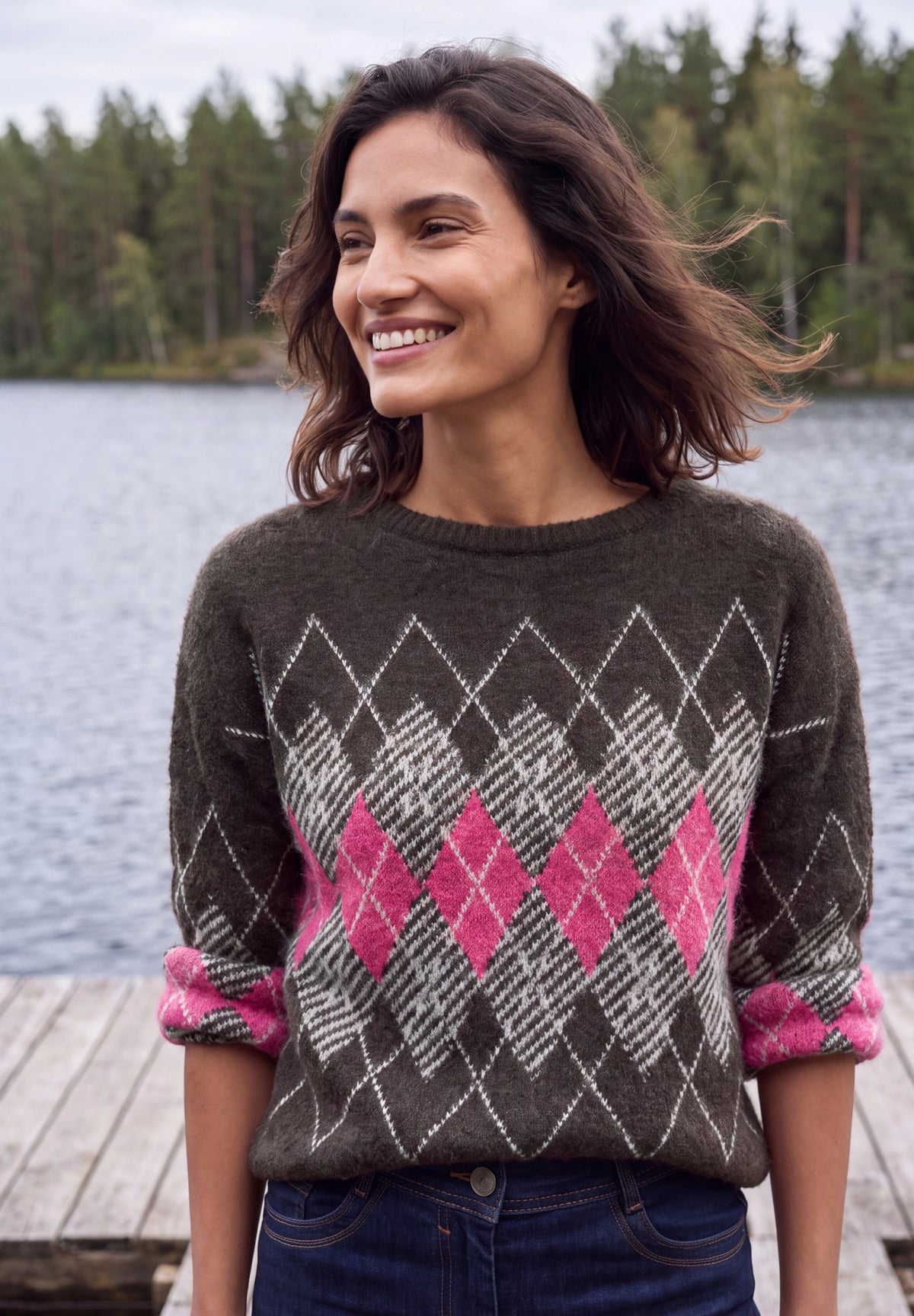 Federgarn Pullover mit Argyle-Muster truffle brown Bild 3