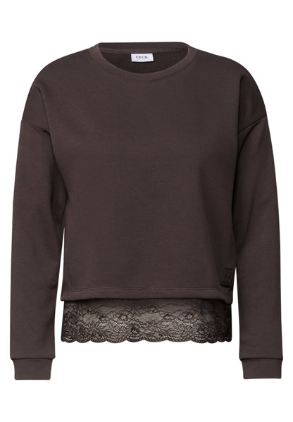 Langarm Shirt mit Rundhals und Spitzenkante truffle brown Bild 1