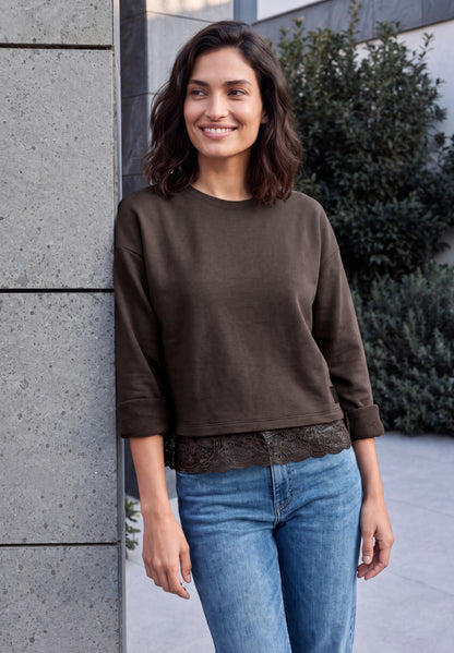 Langarm Shirt mit Rundhals und Spitzenkante truffle brown Bild 3