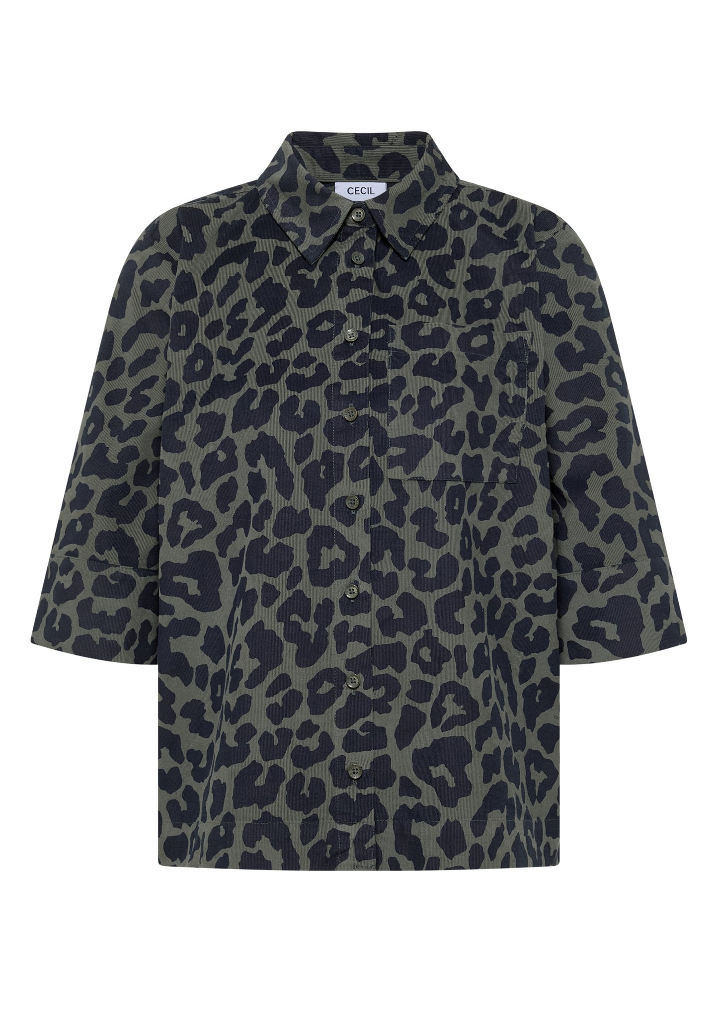 Kurzarm Hemdbluse aus Cord mit Leo-Muster dried olive green Bild 1