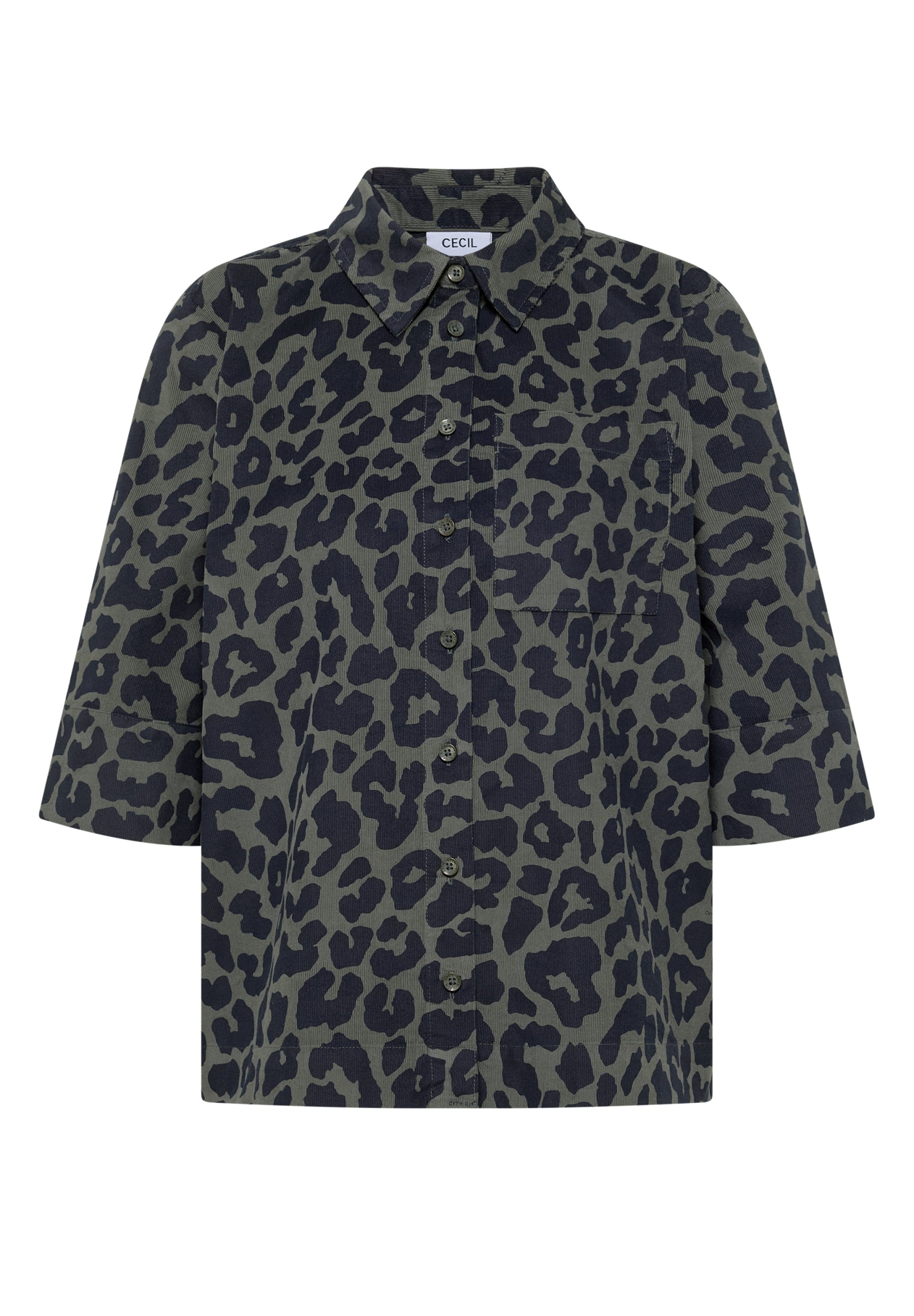 Kurzarm Hemdbluse aus Cord mit Leo-Muster dried olive green Bild 1