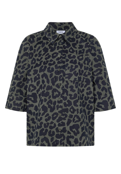 Kurzarm Hemdbluse aus Cord mit Leo-Muster dried olive green Bild 1