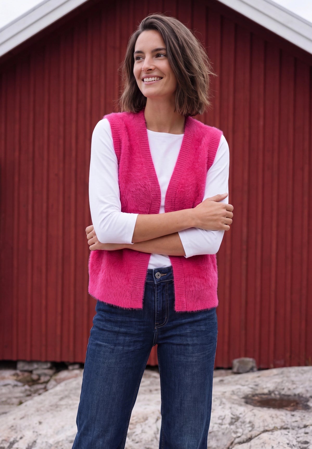 Offene Federgarn-Weste in Unifarbe pink flash Bild 3
