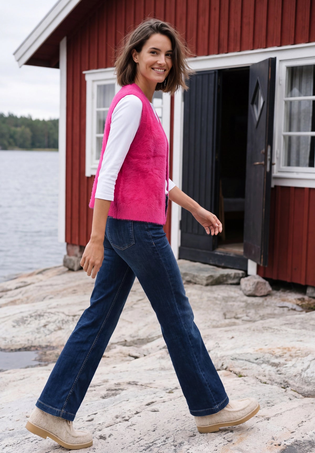 Offene Federgarn-Weste in Unifarbe pink flash Bild 5